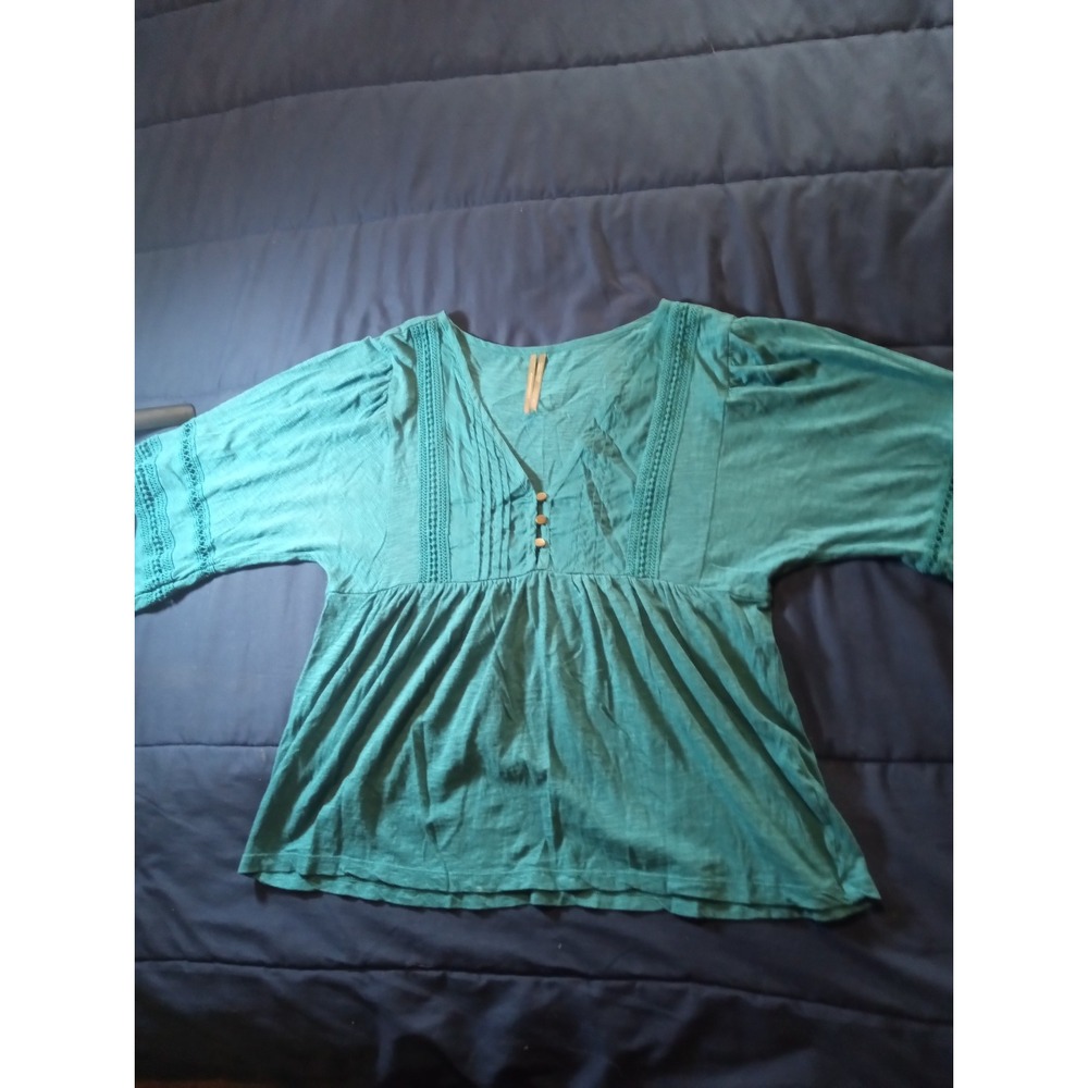 Anthropologie Womens XS Kaye Pintucked Babydoll Bell Sleeve Top Blouse Teal